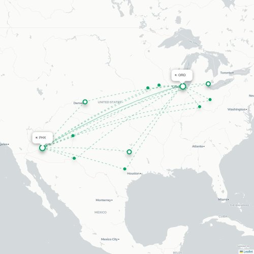 Mapa de vuelo directo Phoenix - Chicago