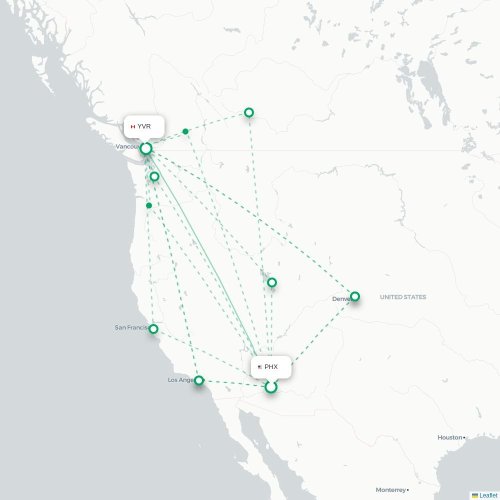 Mapa de vuelo directo Phoenix - Vancouver