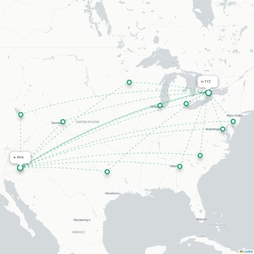 Mapa de vuelo directo Phoenix - Toronto