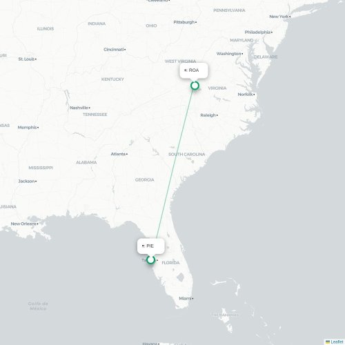 Mapa lotu bezpośredniego Tampa – Roanoke