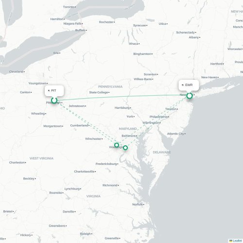 Mapa lotu bezpośredniego Pittsburgh – Newark