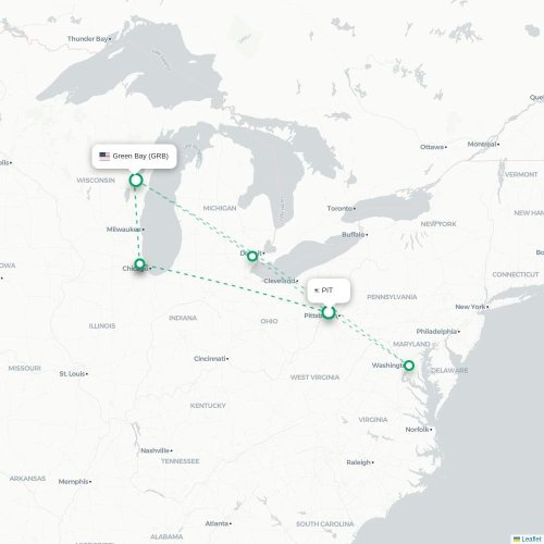 Mapa lotu bezpośredniego Pittsburgh – Green Bay