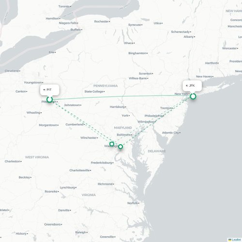 Mapa lotu bezpośredniego Pittsburgh – Nowy Jork