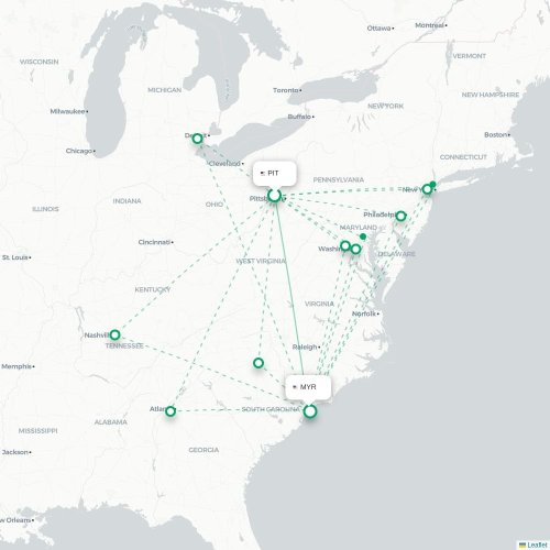 Mapa lotu bezpośredniego Pittsburgh – Myrtle Beach