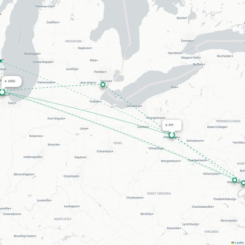 Mapa lotu bezpośredniego Pittsburgh – Chicago