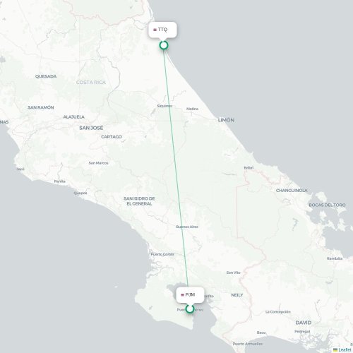 Mapa de vuelo directo Puerto Jiménez - Tortuguero