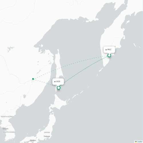Mapa de vuelo directo Petropávlovsk-Kamchatski - Yuzhno-Sajalinsk