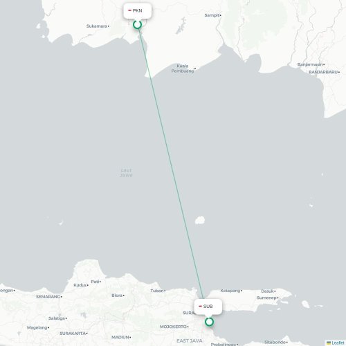 Mapa lotu bezpośredniego Pangkalanbuun – Surabaja