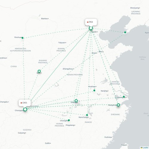 Mapa lotu bezpośredniego Pekin – Chongqing