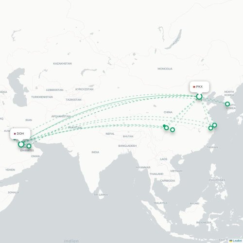 Mapa lotu bezpośredniego Pekin – Ad-Dauha