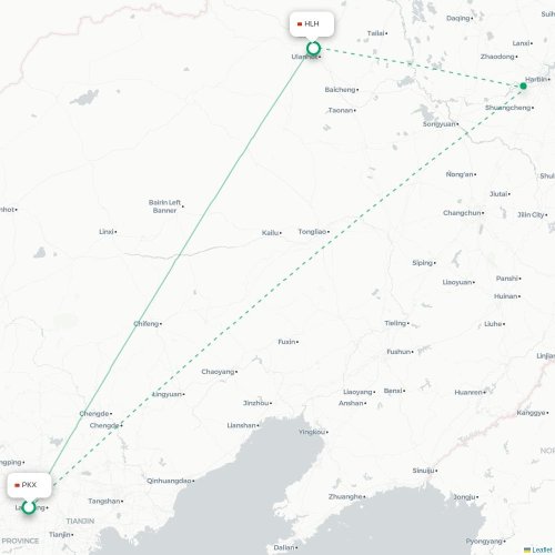 Mapa de vuelo directo Pekín - Hinggan