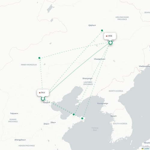 Mapa lotu bezpośredniego Pekin – Harbin