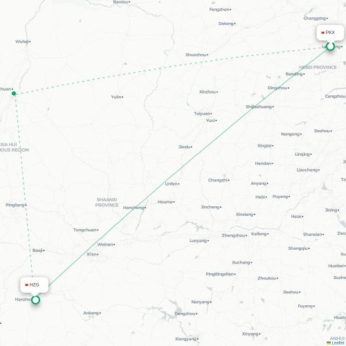 Mapa lotu bezpośredniego Pekin – Hanzhong