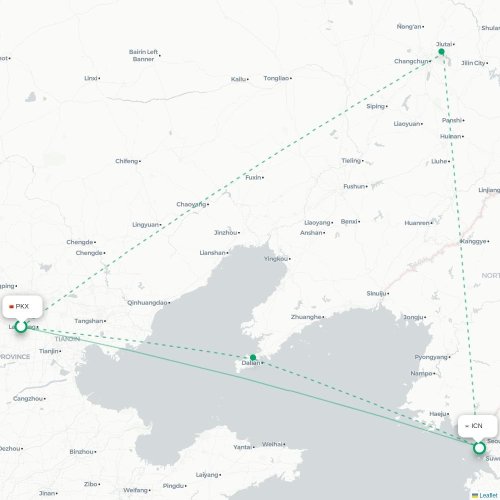 Mapa lotu bezpośredniego Pekin – Inczhon