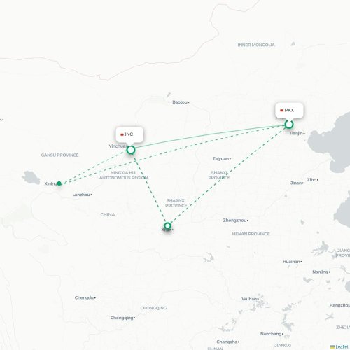Mapa de vuelo directo Pekín - Yinchuan