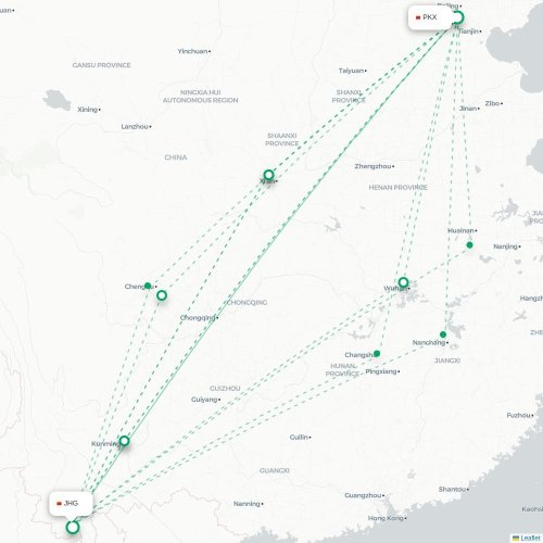 Mapa lotu bezpośredniego Pekin – Xishuangbanna