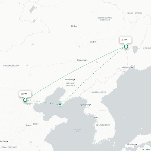 Mapa lotu bezpośredniego Pekin – Jixi