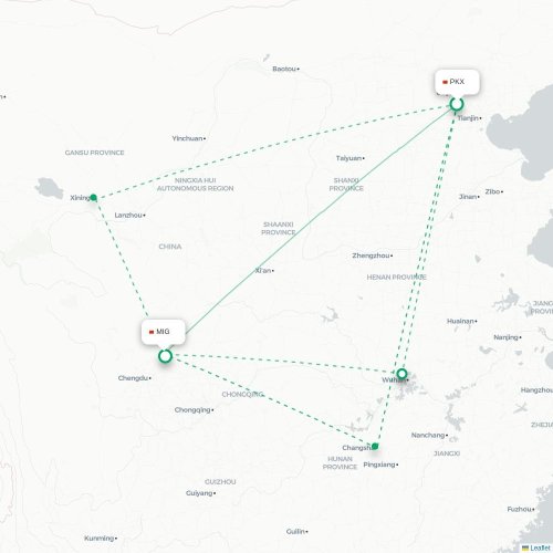 Mapa lotu bezpośredniego Pekin – Mianyang