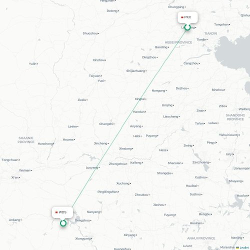 Mapa lotu bezpośredniego Pekin – Shiyan