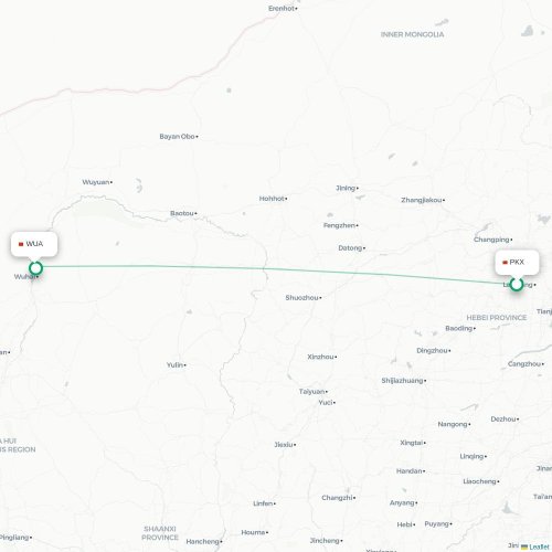 Mapa lotu bezpośredniego Pekin – Wuhai