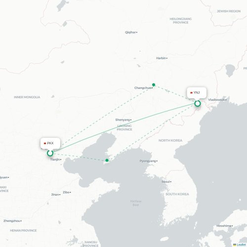 Mapa lotu bezpośredniego Pekin – Yanbian