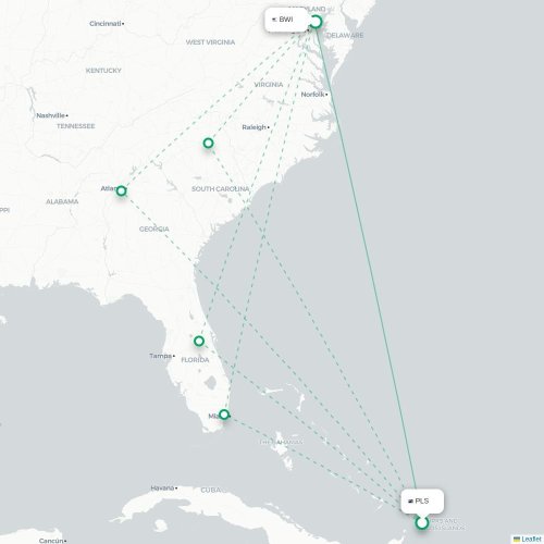 Mapa de vuelo directo Providenciales - Baltimore