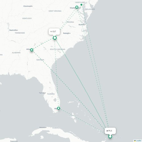 Mapa de vuelo directo Providenciales - Charlotte