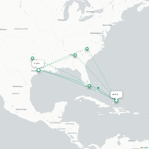 Mapa de vuelo directo Providenciales - Houston