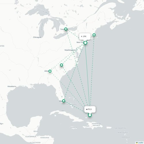 Mapa de vuelo directo Providenciales - Nueva York