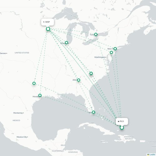 Mapa de vuelo directo Providenciales - Mineápolis