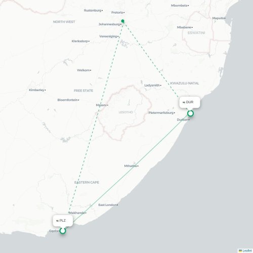 Port Elizabeth - Durban karta över direktflyg