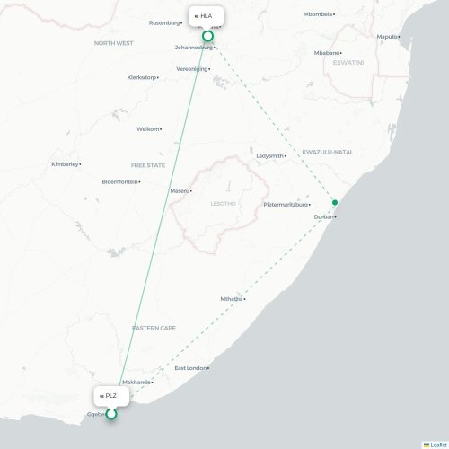 Port Elizabeth - Johannesburg direct flight map