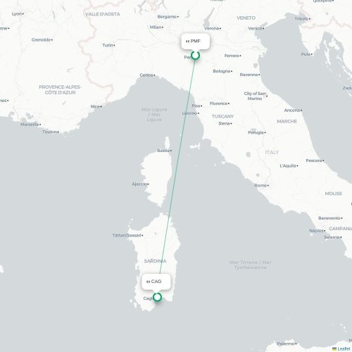 Mapa de vuelo directo Parma - Cagliari