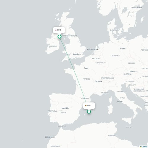 Mapa de vuelo directo Palma - Belfast