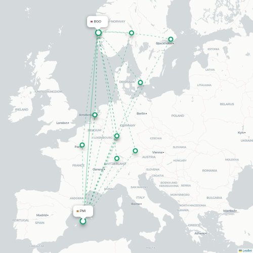 Mapa de vuelo directo Palma - Bergen