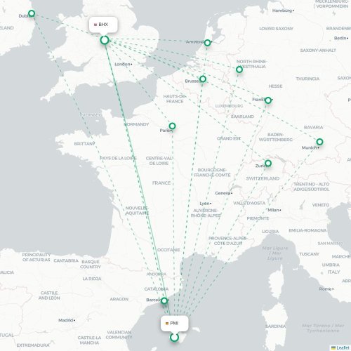 Mapa de vuelo directo Palma - Birmingham