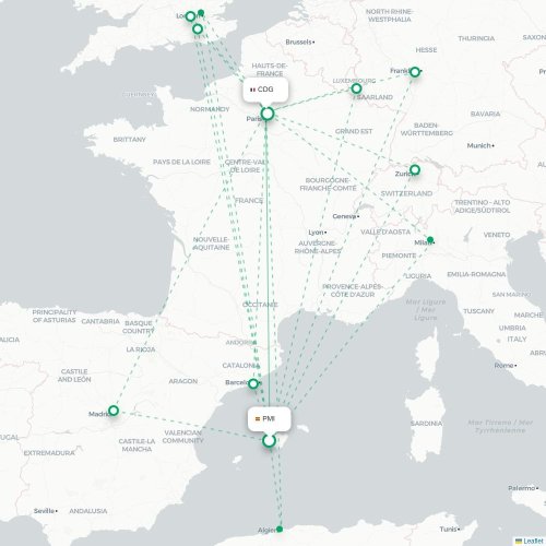 Mapa lotu bezpośredniego Palma de Mallorca – Paryż