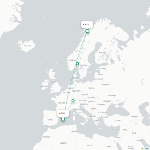Mapa de vuelo directo Palma - Narvik