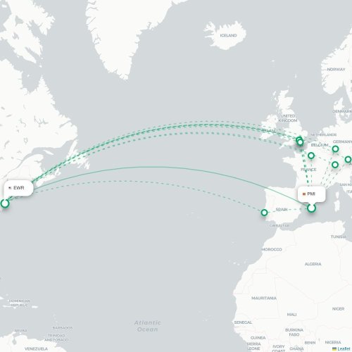 Mapa de vuelo directo Palma - Newark