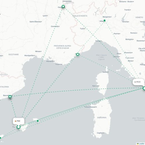 Mapa de vuelo directo Palma - Roma