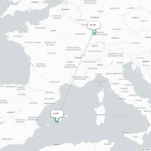Mapa de vuelo directo Palma - Karlsruhe
