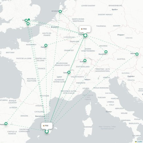 Mapa de vuelo directo Palma - Fráncfort