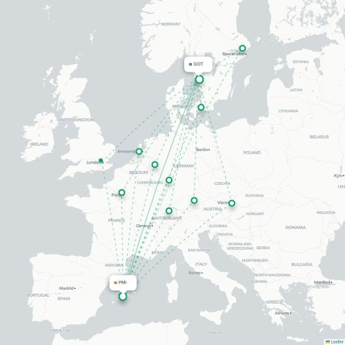 Mapa lotu bezpośredniego Palma de Mallorca – Goteburg