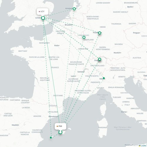 Mapa de vuelo directo Palma - Londres