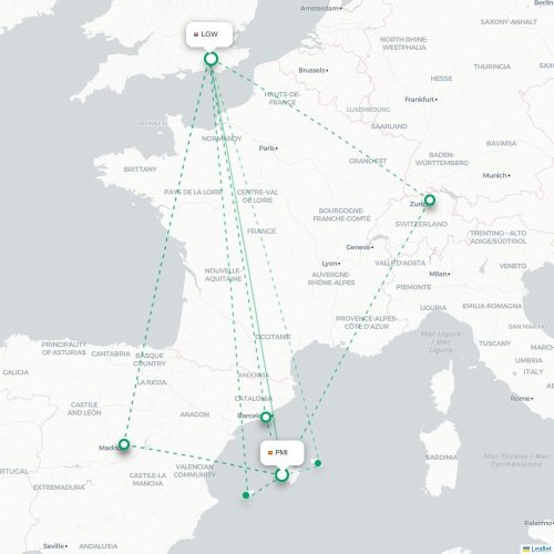 Mapa de vuelo directo Palma - Londres