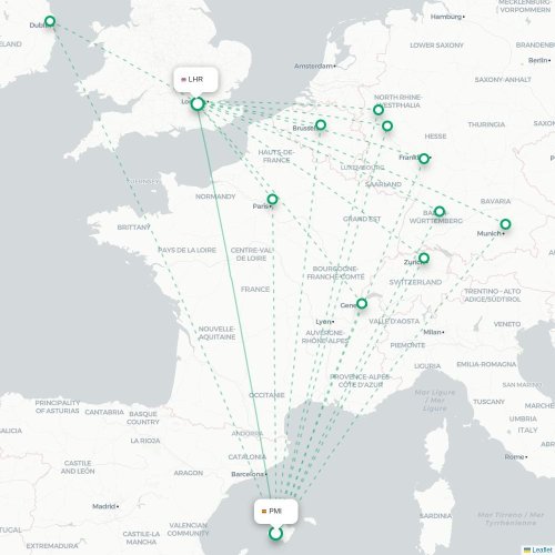 Mapa de vuelo directo Palma - Londres