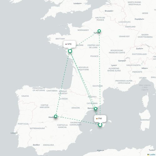 Mapa de vuelo directo Palma - Nantes
