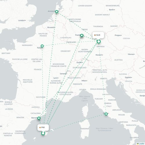 Palma de Mallorca - Nürnberg kort over direkte fly