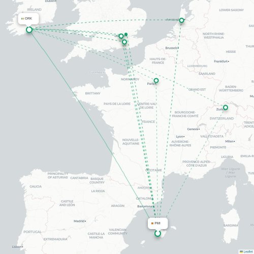 Mapa lotu bezpośredniego Palma de Mallorca – Cork