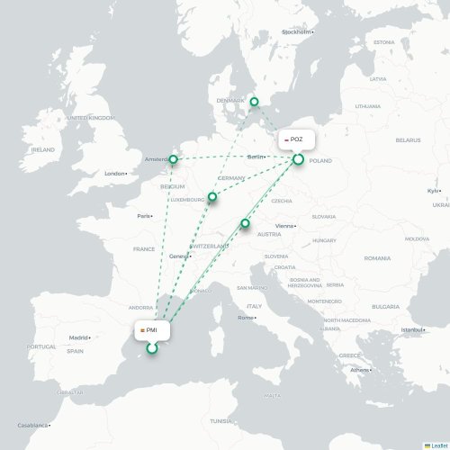 Mapa lotu bezpośredniego Palma de Mallorca – Poznań